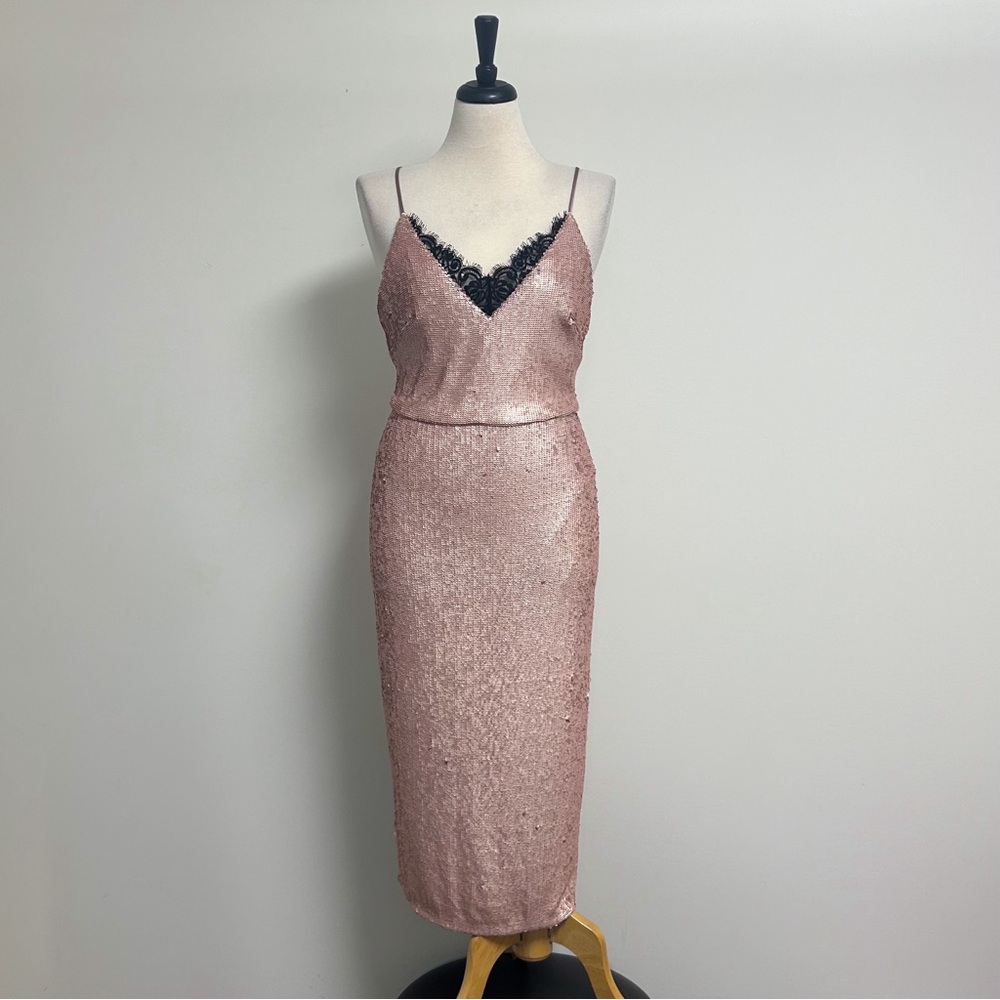 Allen Schwartz Pink Sequins Black Lace Sleeveless V Neck Bodycon Midi Dress NWT